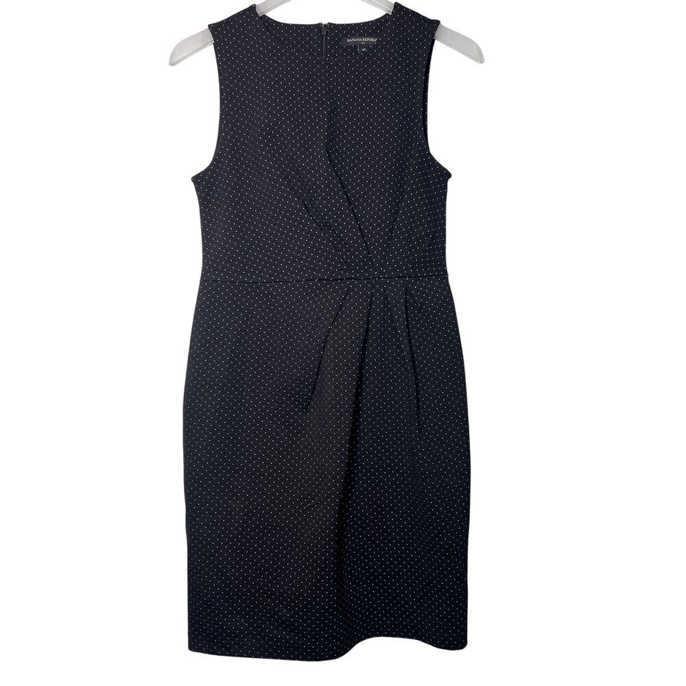 Banana Republic Polka Dot Dress Black White Sleeveless Ruche Sheath Size 6Petite